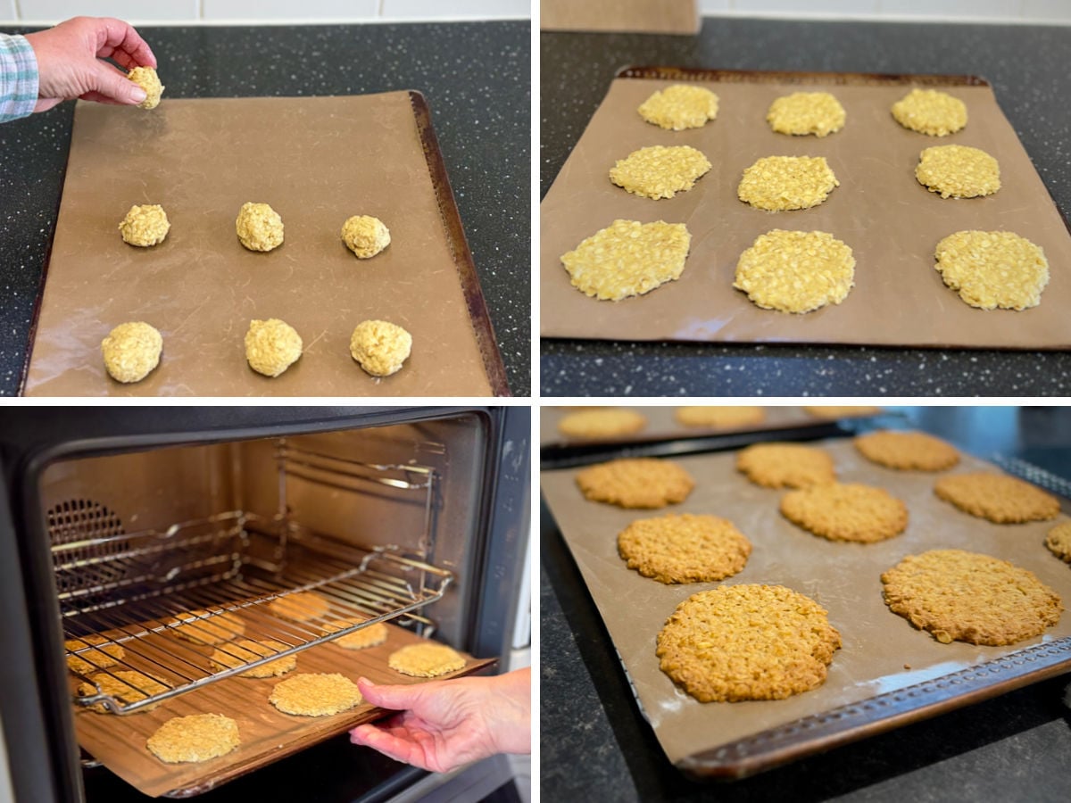 Balls of dough being placed on a lined baking tray, flattened and placed in the oven. Baked cookies on a tray cooling.