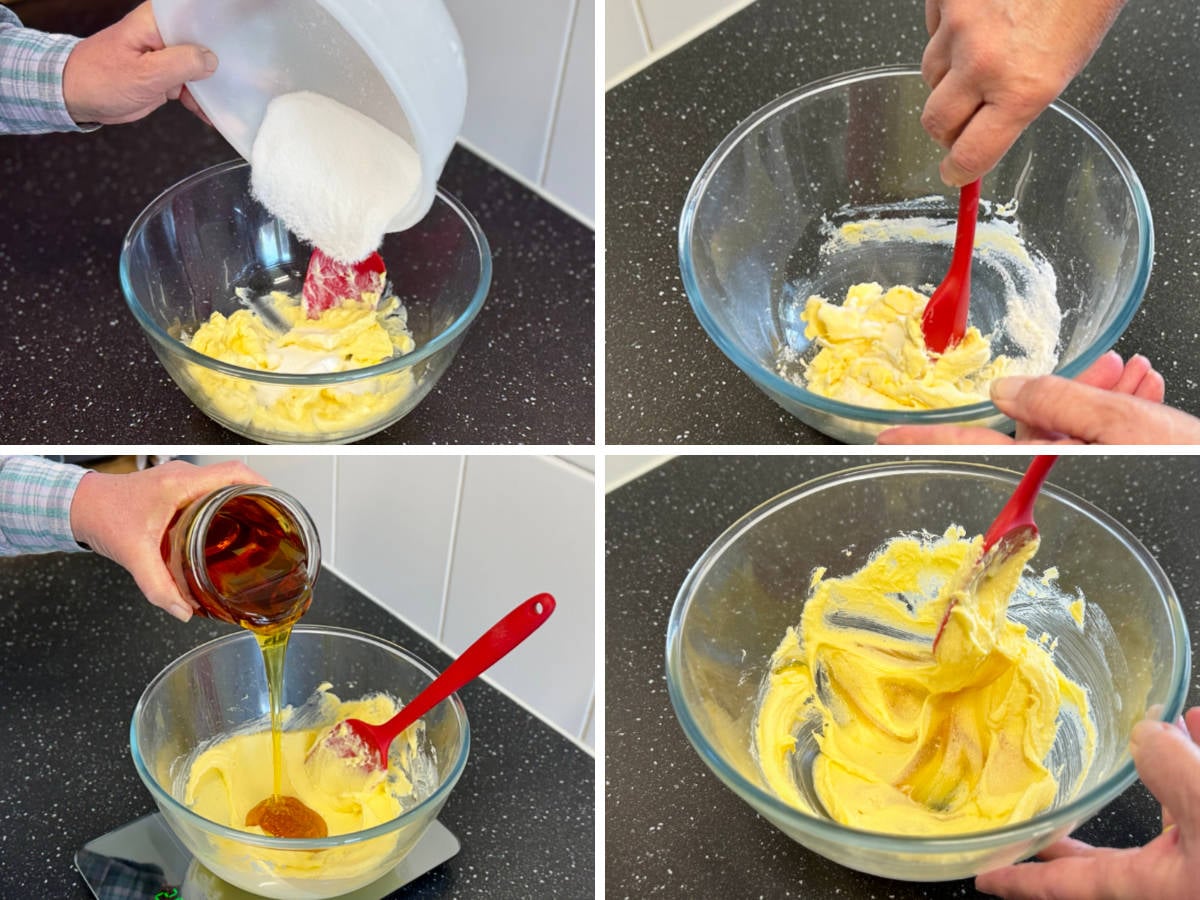 Adding sugar to a bowl of creamed butter, mixing before adding golden syrup and mixing again.