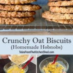 Stacked oat biscuits with a written title and bowls of mixture at various stages of mixing.