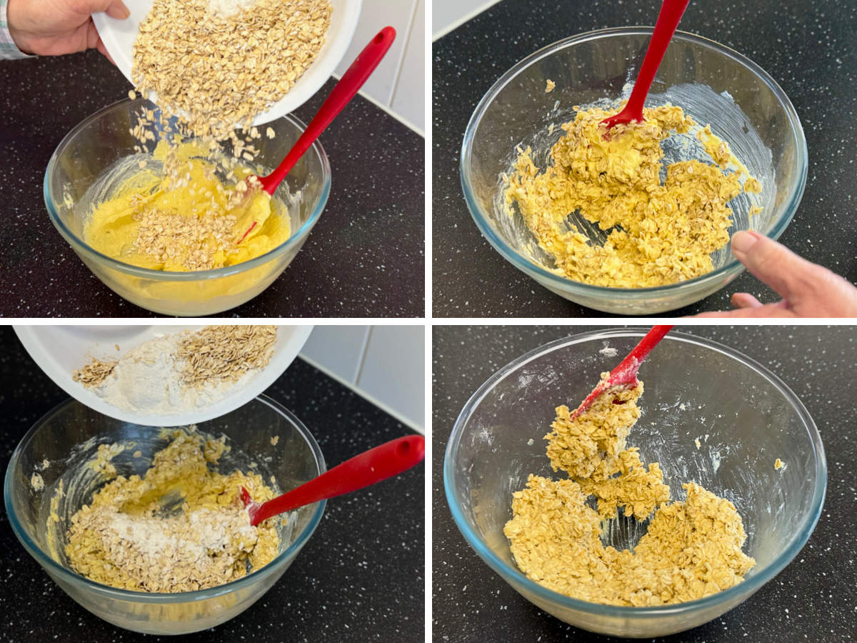 Oats and flour being added to creamed mixture and mixed into a bscuit dough.