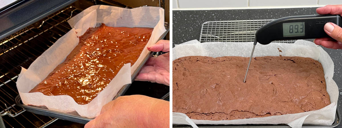 Brownies going into the oven and then being tested with a thermometer with a reading of 89.3 celcius.