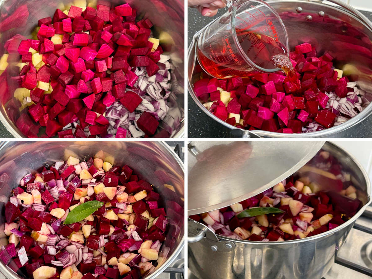 Diced fruit and vegetables in a pan, vinegar being added and a bay leaf with a lid being put on.