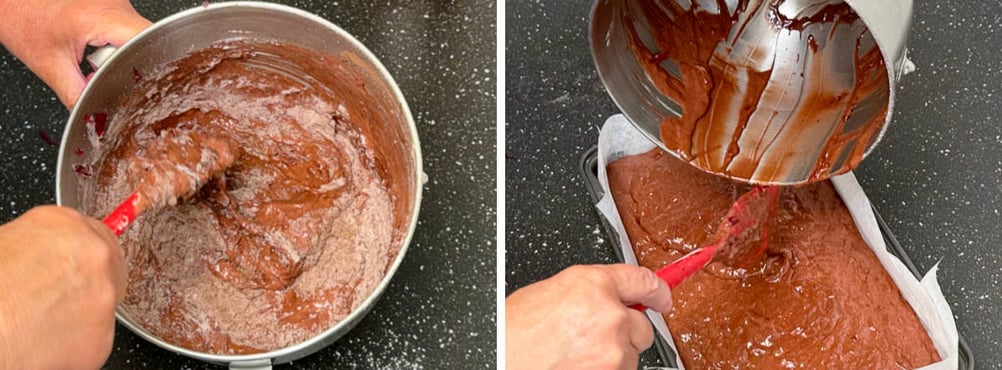 Folding flour and cocoa powder into a chocolate mixture and pouring into a baking tin.