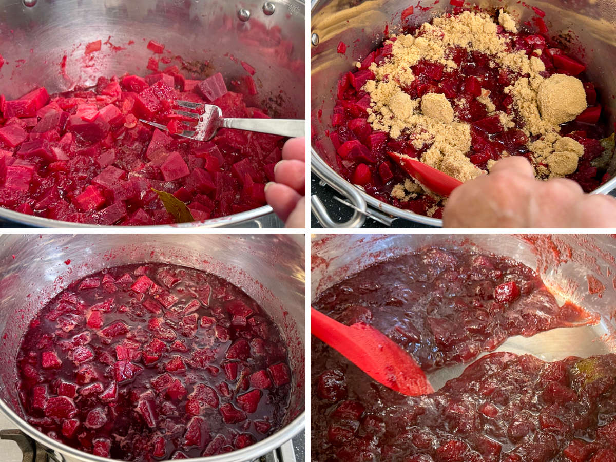 Cooked diced beetroot in a pan, sugar being added and dissolved and stirred with a spatula.