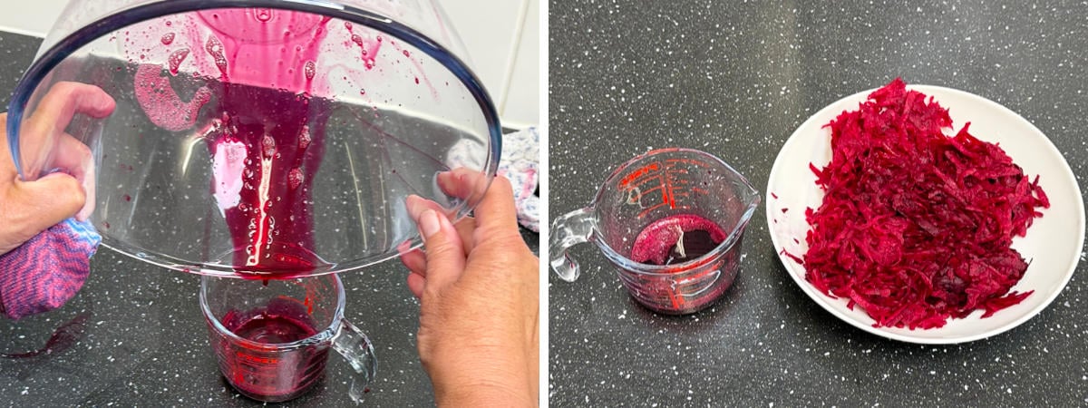 Beetroot juice being poured into a jug and a bowl of grated beetroot.