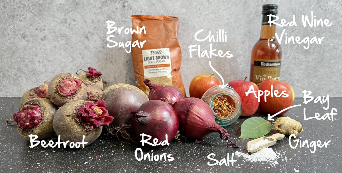 Fresh beetroot, red onions, salt, root ginger, bay leaf, chilli flakes, red wine vinegar, apples and brown sugar.