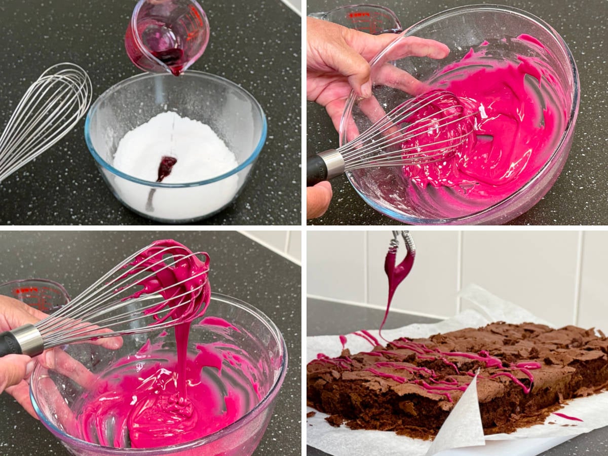 Adding beetroot juice to icing sugar and whisking before drizzling over beetroot brownies.