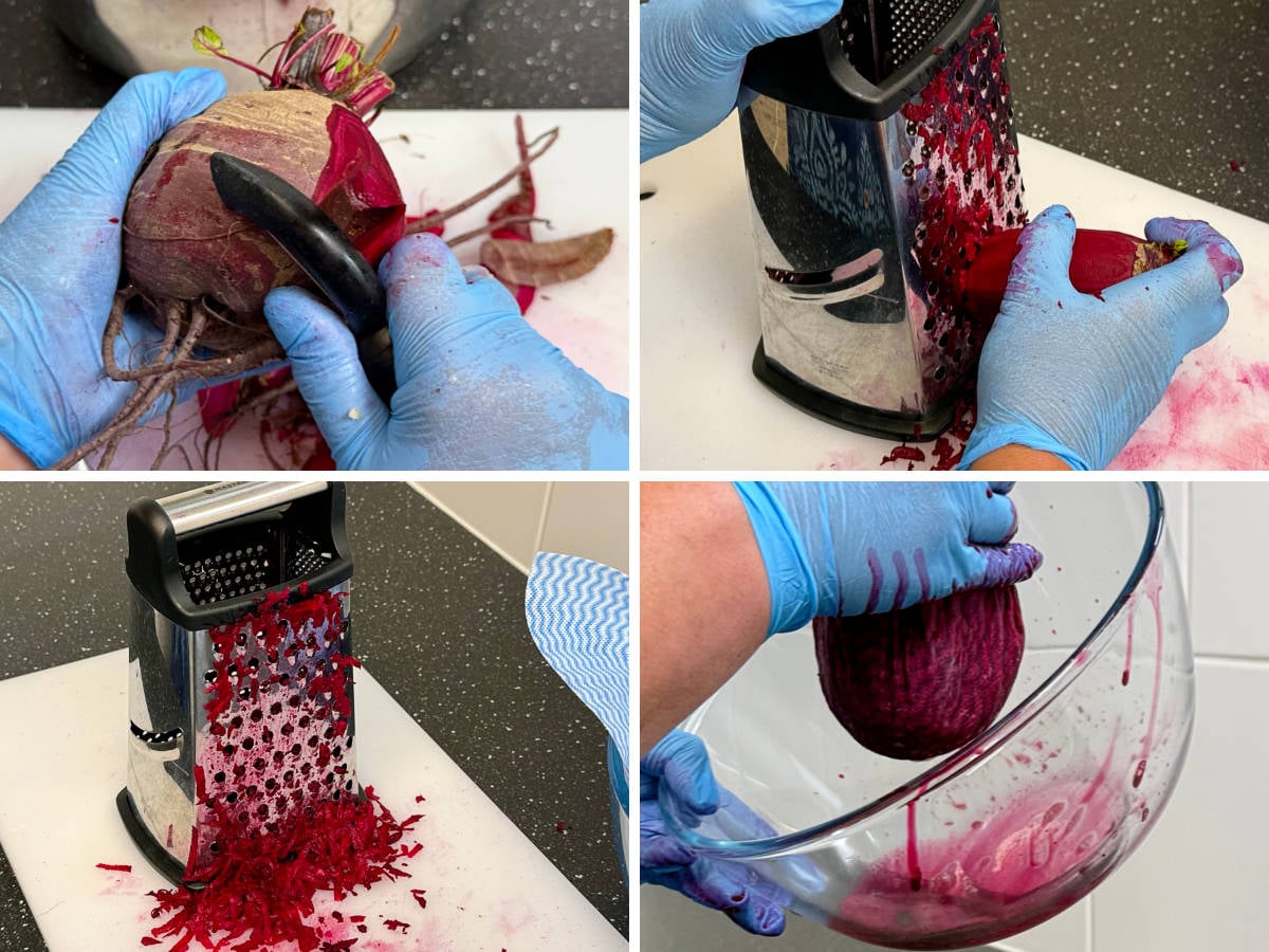 Peeling and grating beetroot before squeezing grated beetroot in a cloth into a bowl.