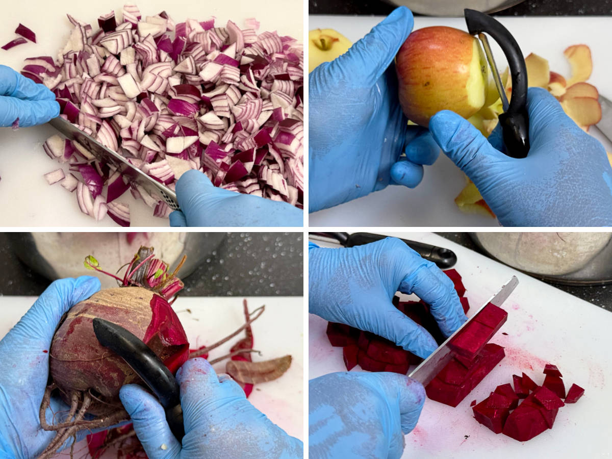 Chopping onions, peeling apples and beetroot and chopping beetroot.