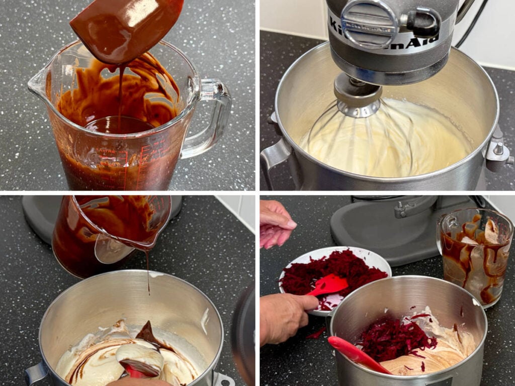 Melting chocolate and butter in a jug, whisking eggs and sugar before folding in chocolate and beetroot.